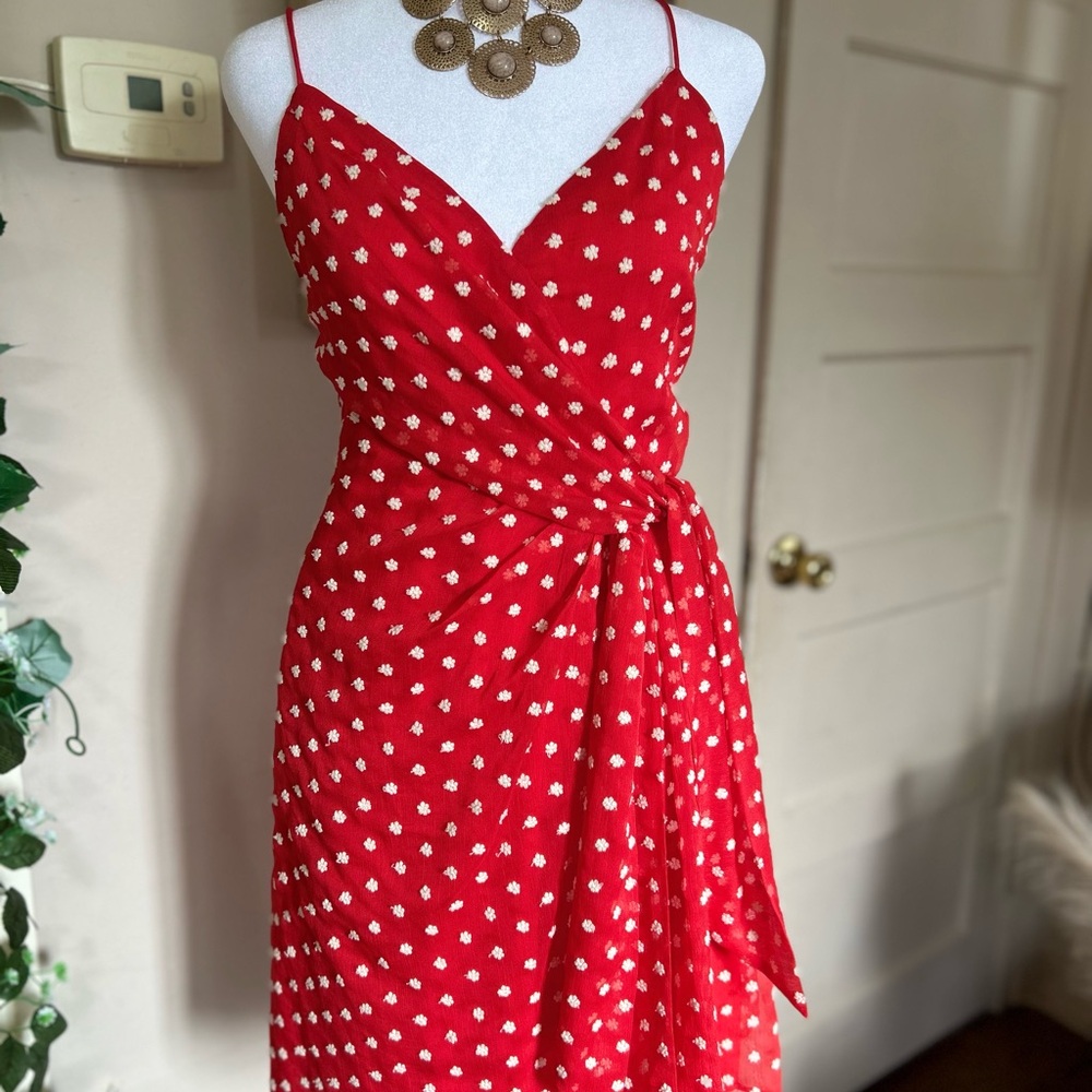Alice + Olivia Red Polka Dot Wrap-Style Mini Dress - Picture 4 of 16